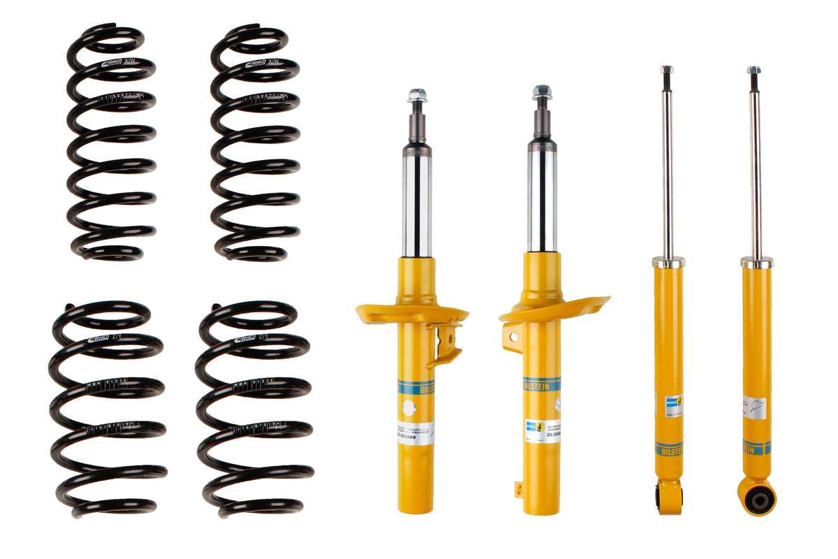 Bilstein B12 suspension kit for Audi A3 Sportback 8PA, including shock absorbers and springs, installed on vehicle.