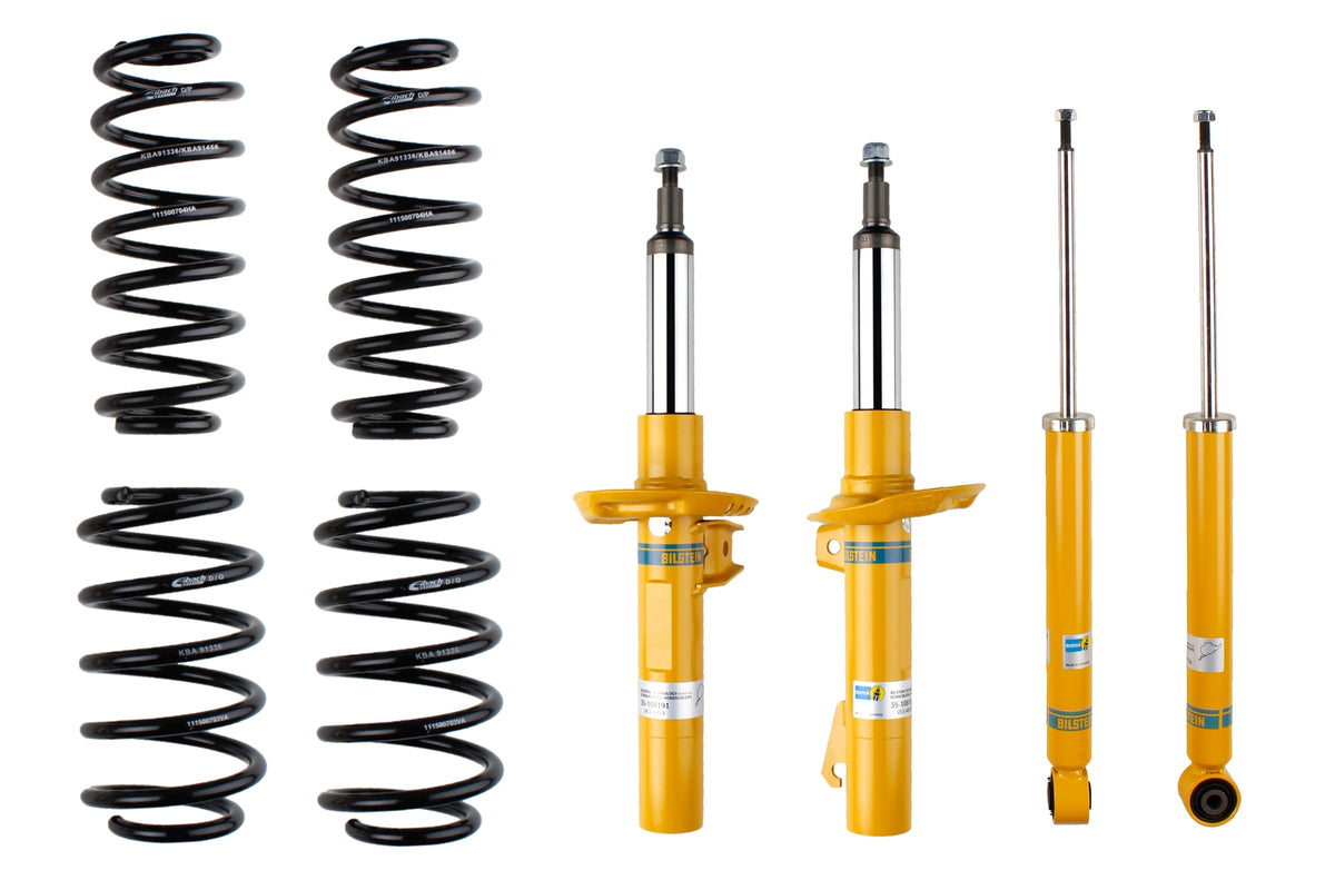 Bilstein B12 suspension kit for Audi A3 Sportback 8PA, including shock absorbers and coil springs, installed on vehicle.