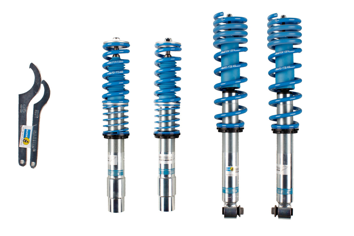 Bilstein B14 coilover suspension kit for BMW 5 Series E39, 4-6 cylinder models, showing assembled shock absorbers and springs.