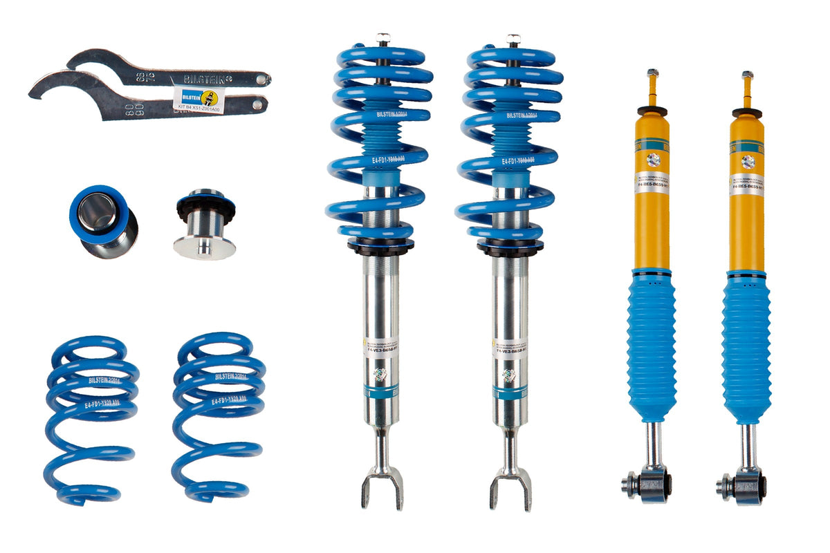 Bilstein B14 coilover suspension kit installed on an Audi A6 (4F) model, showing adjustable shock absorbers and suspension components.