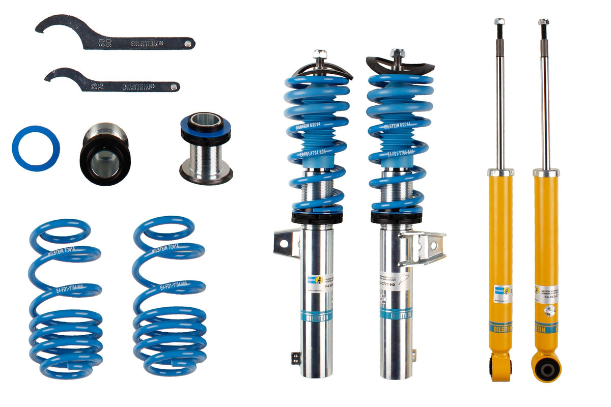 Bilstein B14 coilover suspension kit for Audi A3, Seat Leon, and Golf 5 K, featuring adjustable ride height and sporty performance.