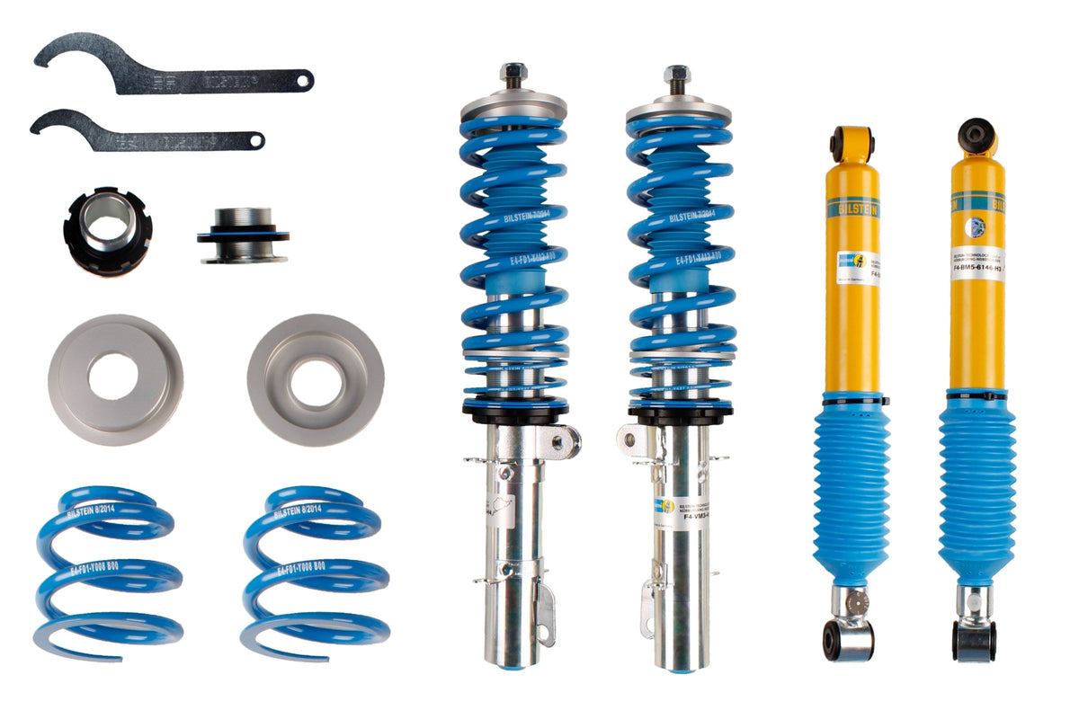 Bilstein B16 coilover suspension kit for Audi A3, TT, Seat Leon, and Volkswagen Golf, featuring adjustable shock absorbers.