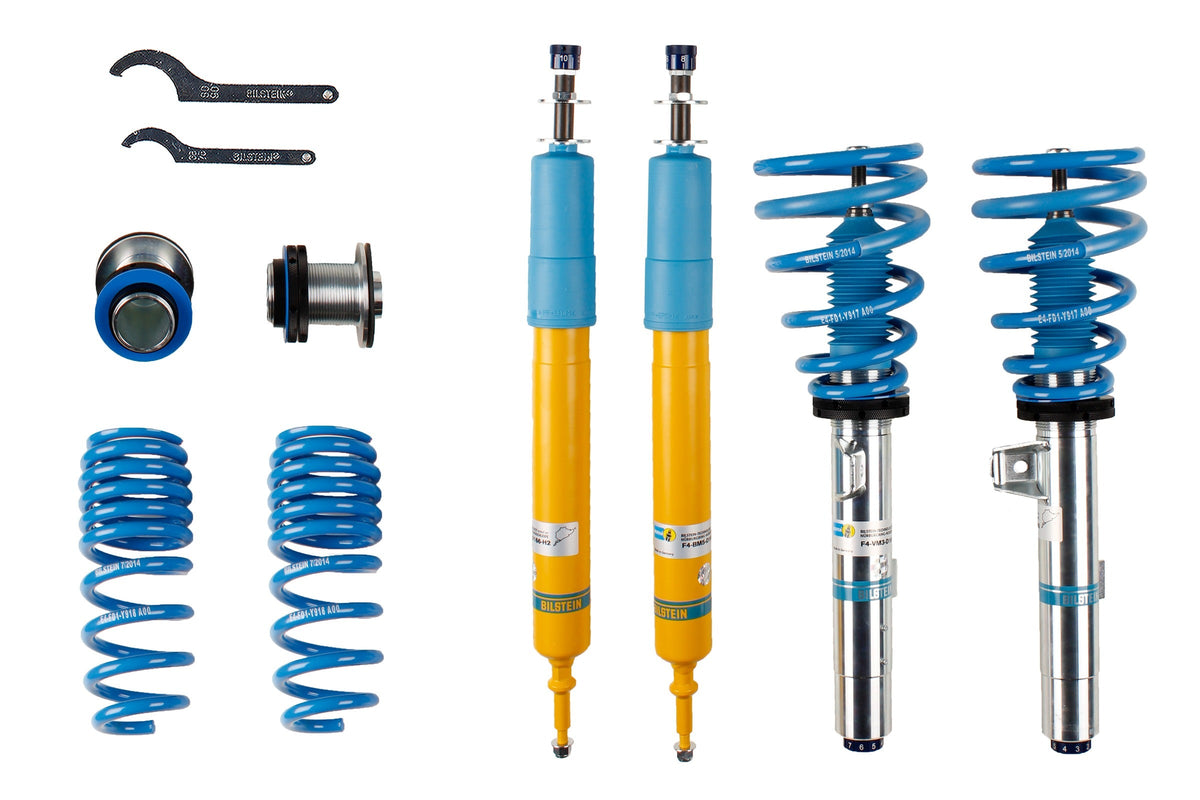 Bilstein B16 coilover suspension kit for BMW 1 Series E81 and E87 models, featuring adjustable shocks and coil springs.