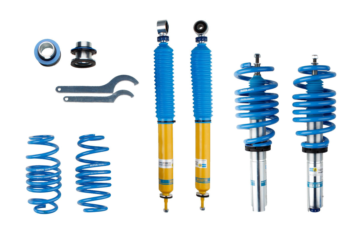 Bilstein B16 coilover suspension kit for Audi A4 A5 B8, showing the assembled adjustable shock absorbers and coil springs.