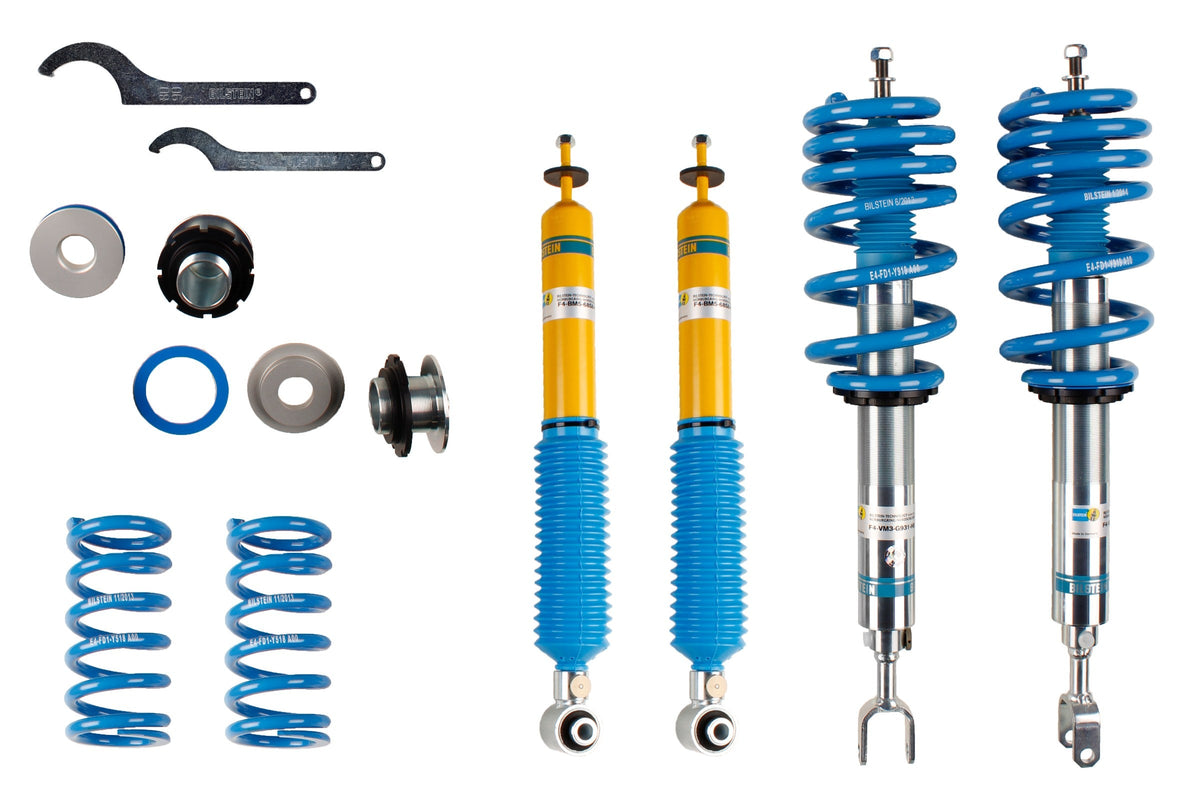 Bilstein B16 coilover suspension kit for Audi A4 and Seat Exeo6, adjustable shock absorbers with performance suspension components.