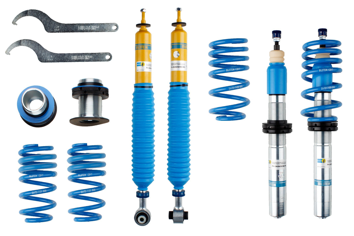 Bilstein B16 PSS10 coilover suspension kit for Audi A4 B9, showing adjustable shock absorbers and coil springs.