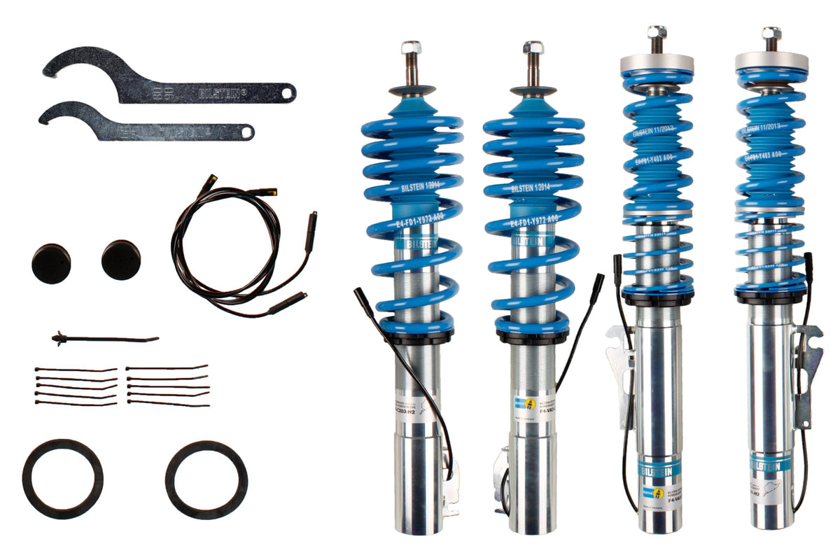 Bilstein B16 electric coilover suspension kit installed on Porsche Boxster 987 showing adjustable shock absorbers and ride height.