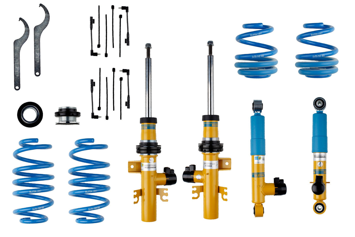 Bilstein B16 Damptronic Coilover Kit for Volkswagen T6, showing adjustable coilover suspension components and branding.