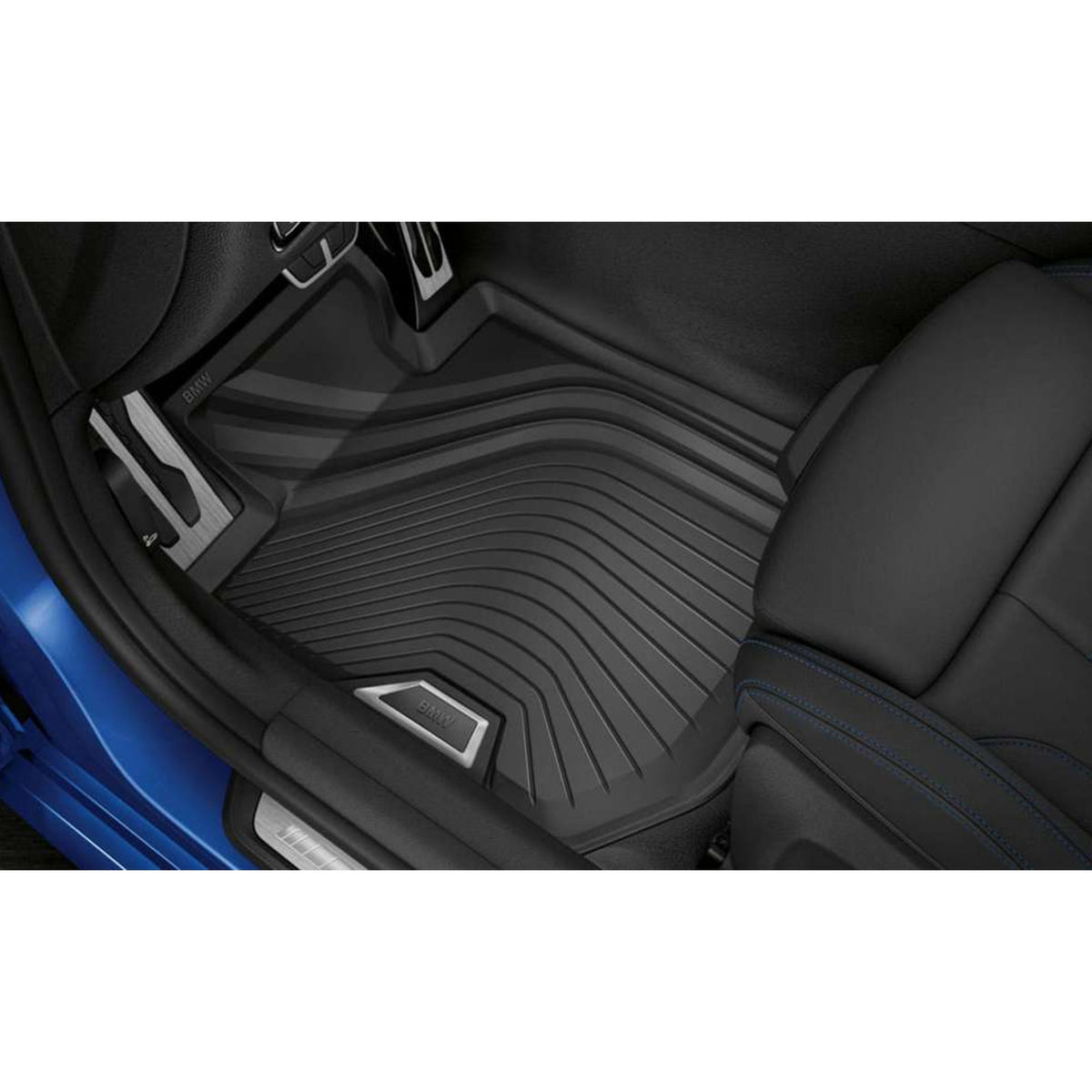 Genuine BMW rubber all-weather floor mats for G42 G87 model, durable black mats with textured surface for car protection.