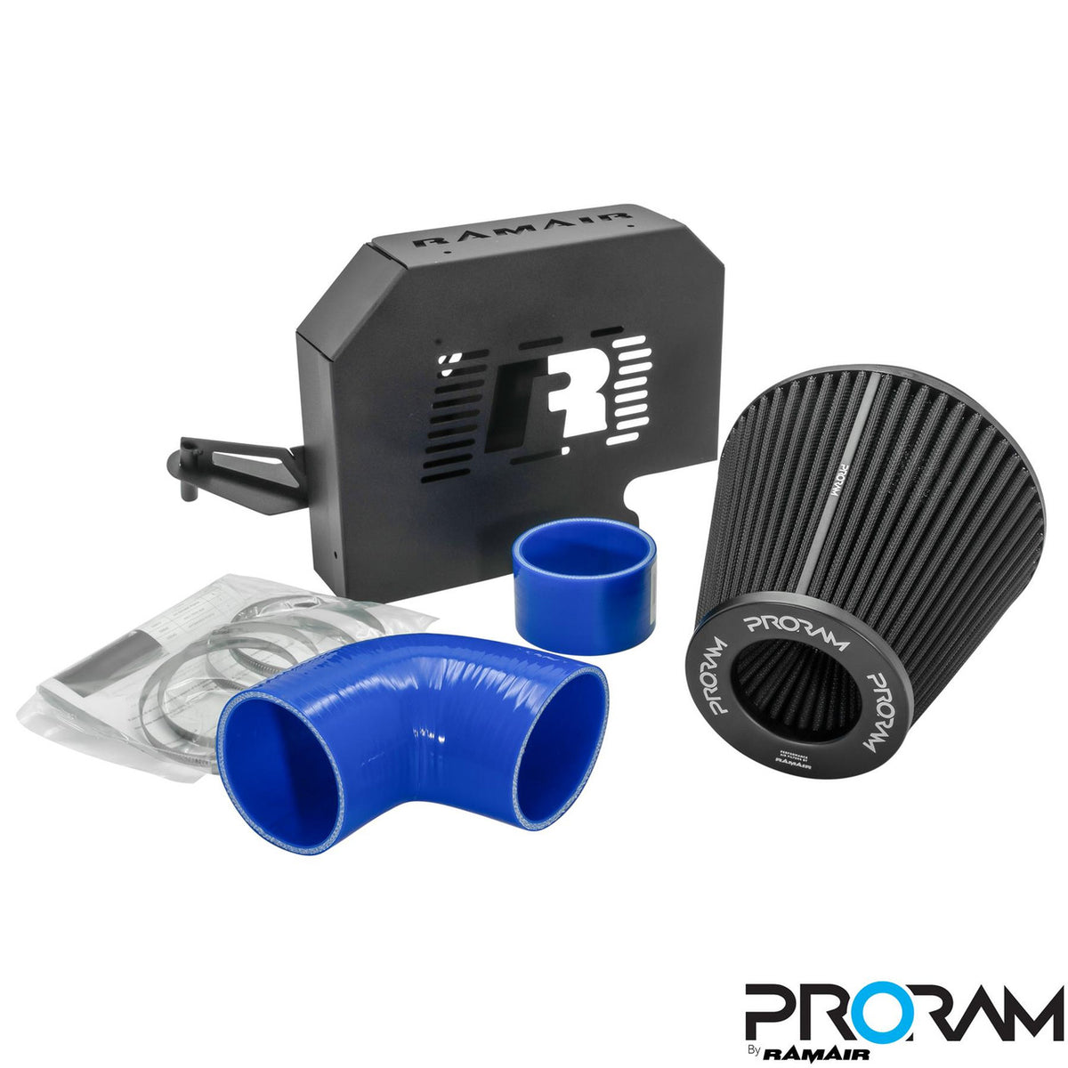 Ramair PRORAM performance induction kit with blue air filter and ECU holder for Ford Focus ST 225, showcasing the high-performance intake components.