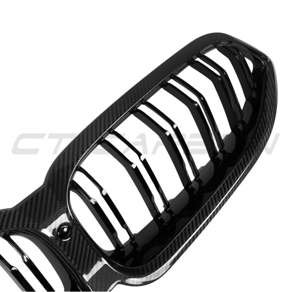 BMW 8 Series G14/G15/G16 LCI 2023+ CT Carbon carbon fibre double slat grille, close-up view of the sleek, sporty front grille.