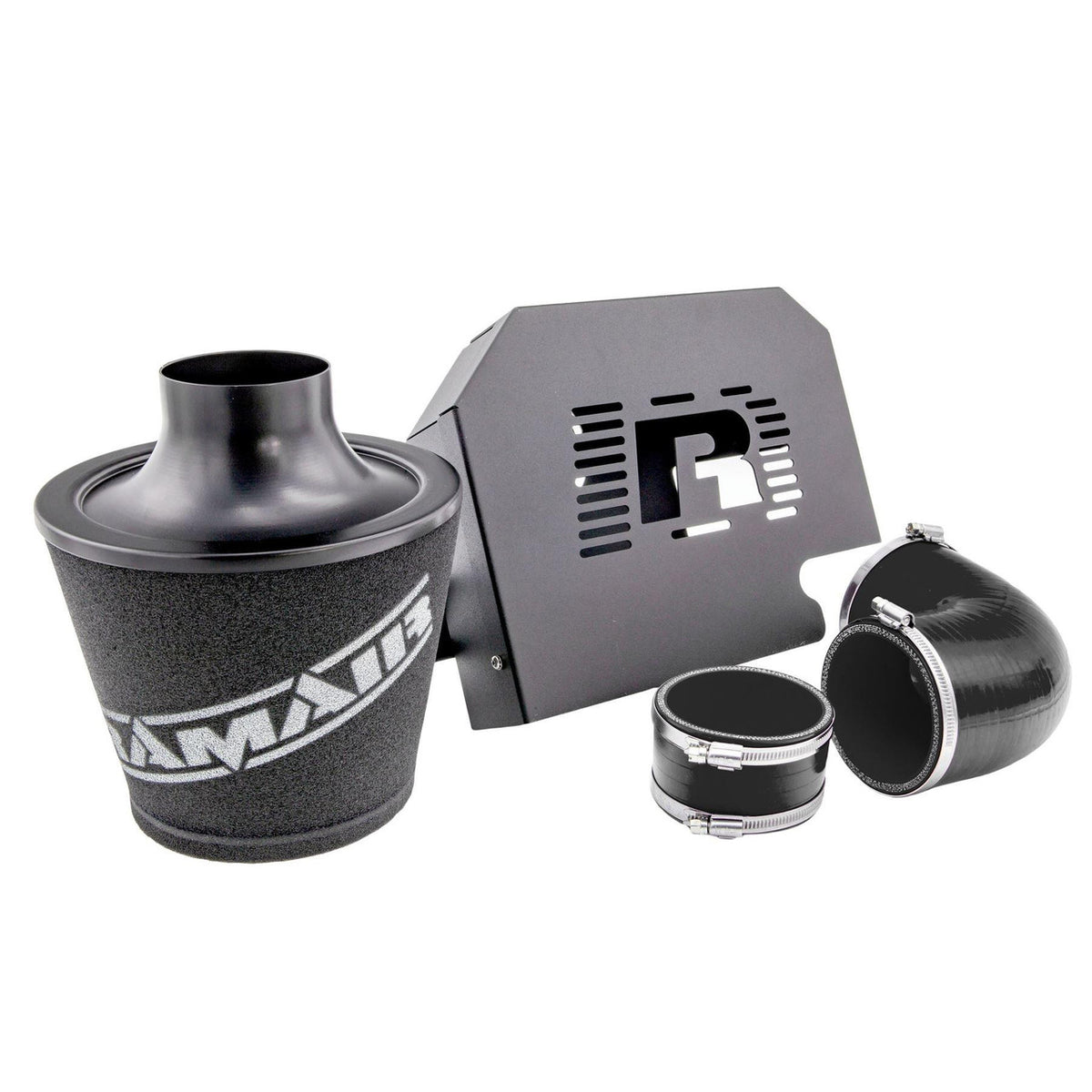Ramair Ford Focus ST 225 black performance induction kit with ECU holder, featuring air filters and intake tubing.