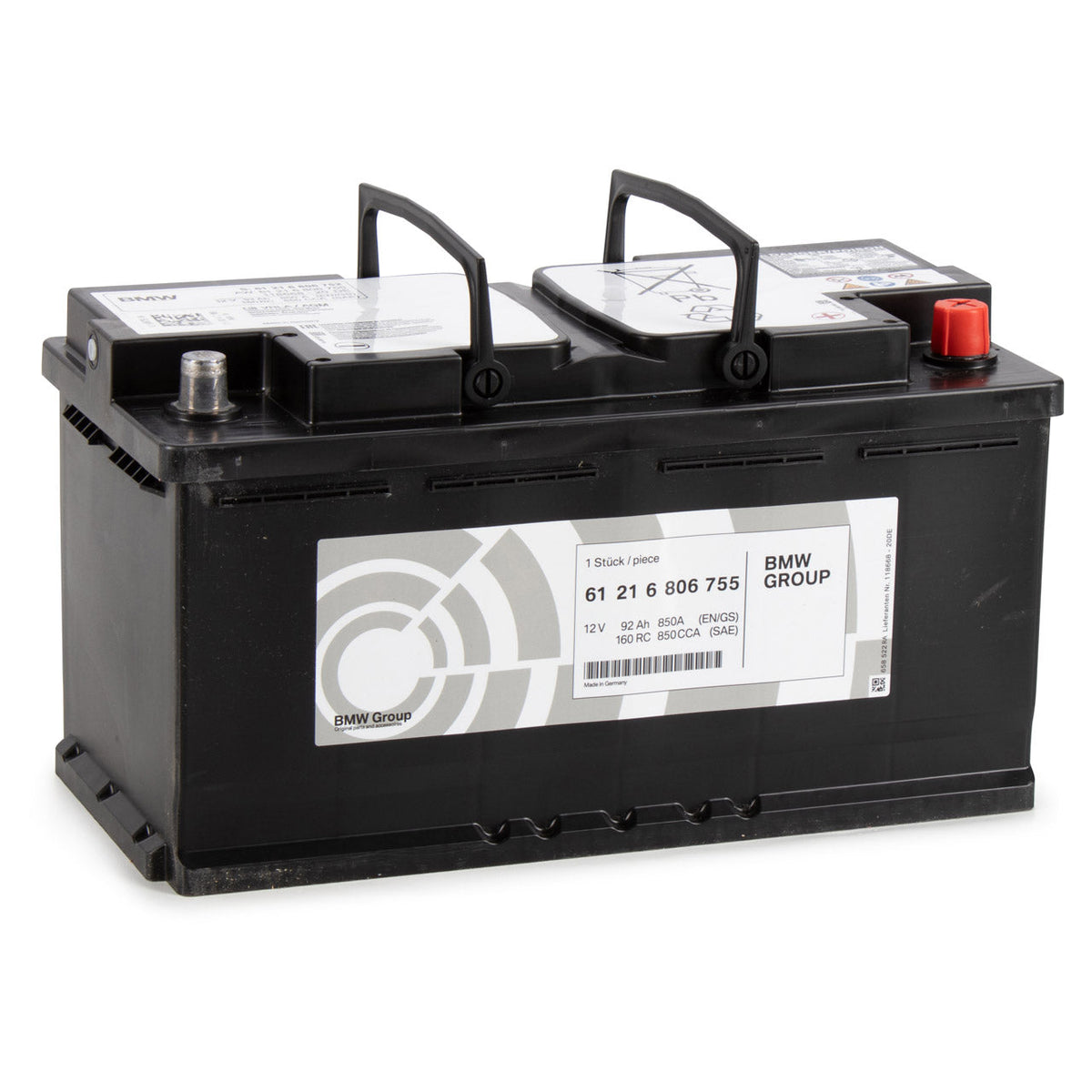 Genuine BMW 90AH AGM 12V car battery with positive and negative terminals, black casing, and battery label visible.