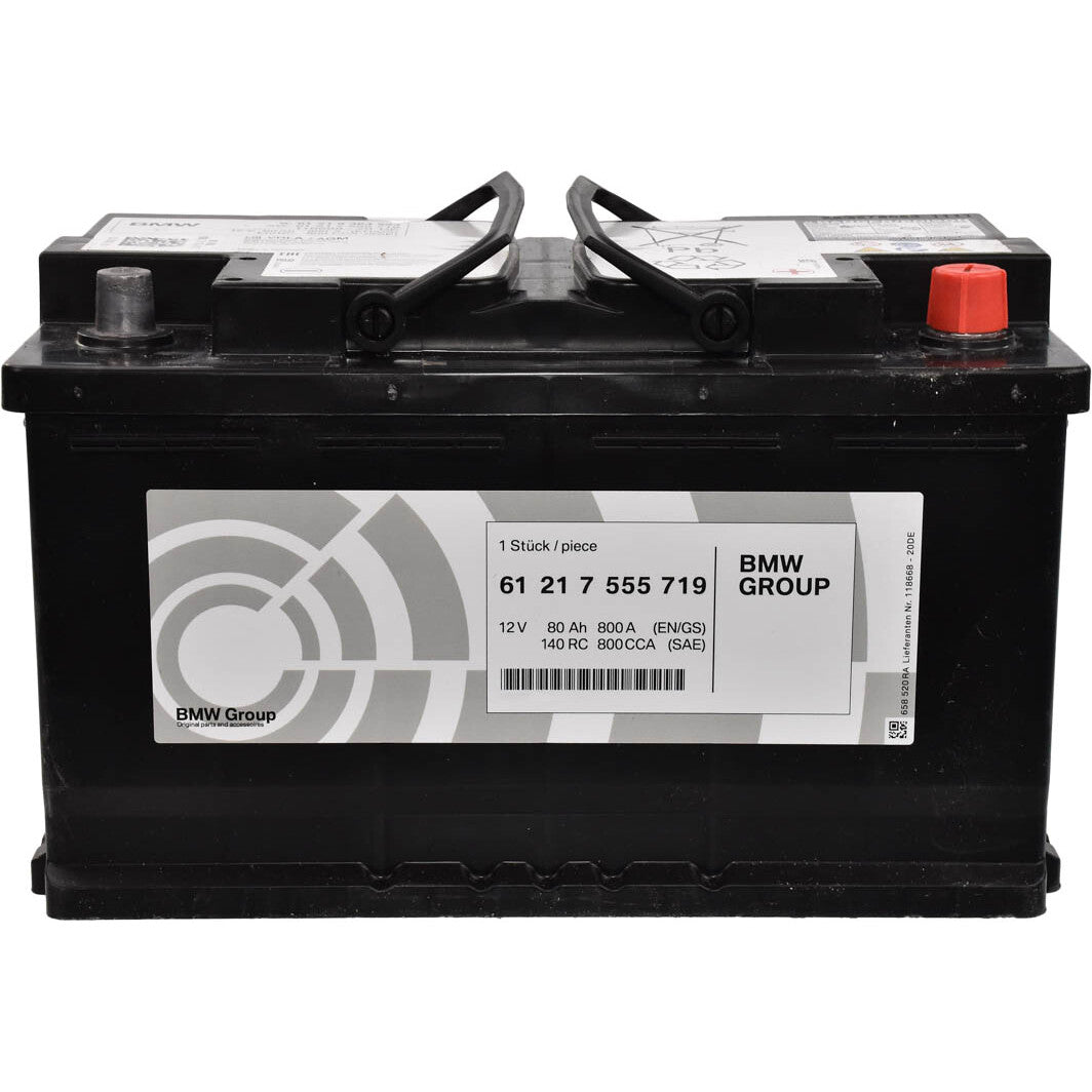 Genuine BMW 80AH AGM 12V battery with label and terminals, designed for automotive use, model 61217555719.