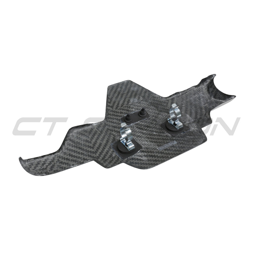 BMW F90 M5 and M8 carbon fiber lower engine bay cover by CT Carbon, showing the sleek, lightweight accessory installed in the engine bay.