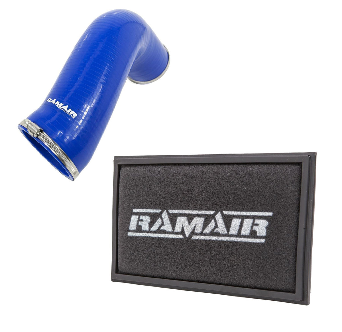 Ramair silicone intake pipe hose and black replacement air filter for Audi S3 TSI MQB induction kit, showing the hose and filter components.
