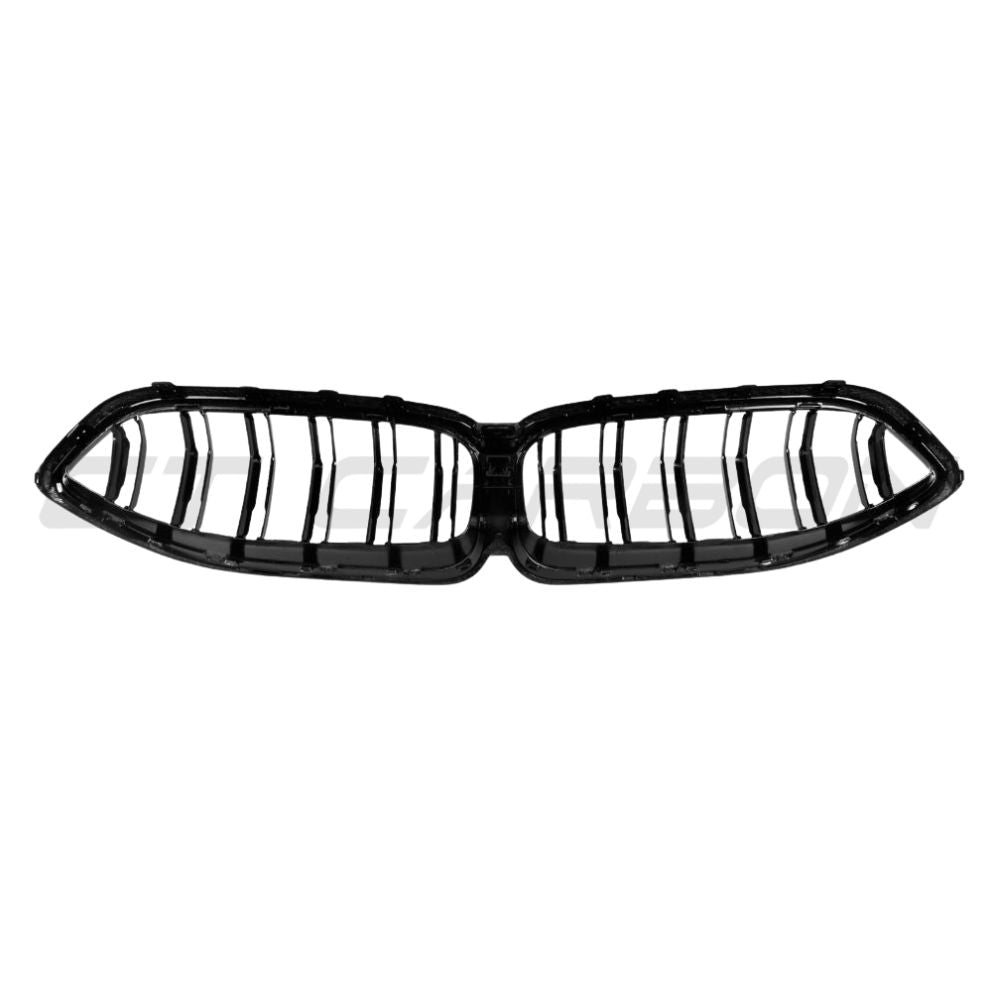 BMW 8 Series G14 G15 G16 LCI 2023+ carbon fibre double slat grille by CT Carbon, close-up of sleek, aerodynamic car grille design.