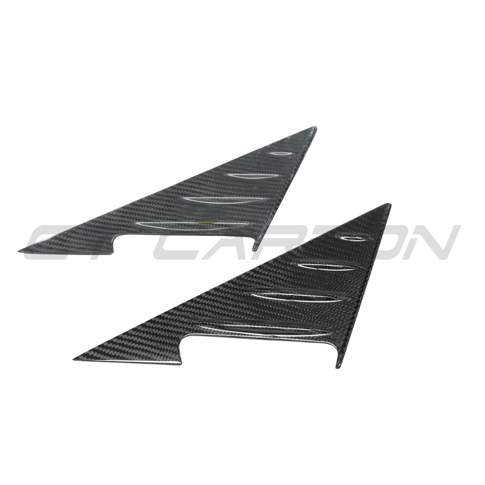 BMW M3 G80, 3 Series G20 Carbon Fibre Mirror Pillar Trim by CT Carbon, close-up view of sleek, textured carbon fiber accessory
