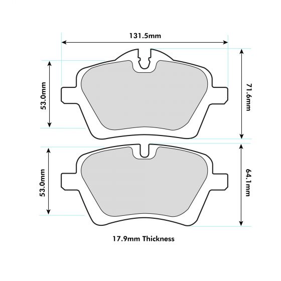 PBS Mini R50 to R61 front performance brake pads with metal backing plates and friction material for vehicle braking system.