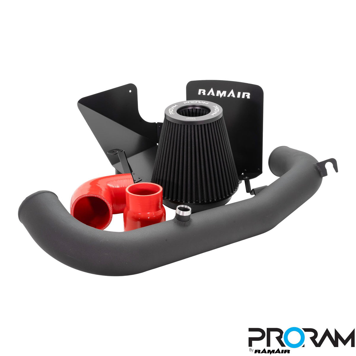 Ramair PRORAM performance induction kit installed in a Ford Focus RS MK3, featuring red air filters and intake components.