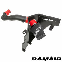 Ramair Ford Mustang 2.3 Ecoboost jet stream foam air filter heat shield and red hard pipe induction kit, detailed view of the components