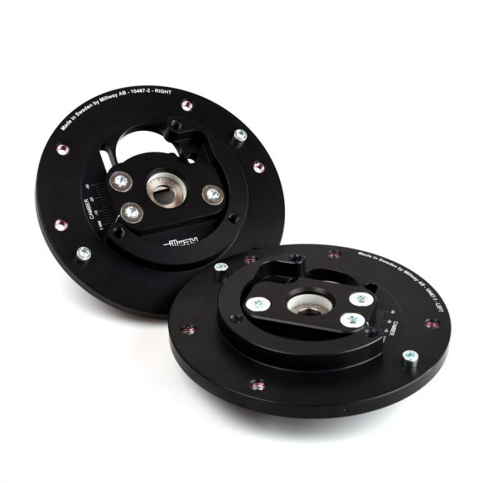 Millway Motorsport street camber plates for BMW M2, M3, M4, with M4 strut brace, suspension top mounts, black metal construction.