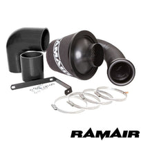 Ramair VW Golf Mk5 R32 3.2 V6 black cone air filter induction kit showing the performance intake filter and connecting hoses.