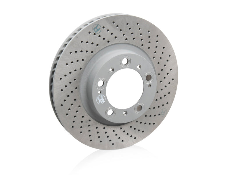 Genuine Porsche 996 GT3 Mk1 front brake discs, 330x34mm, with vented design and mounting holes for Porsche 996 model.
