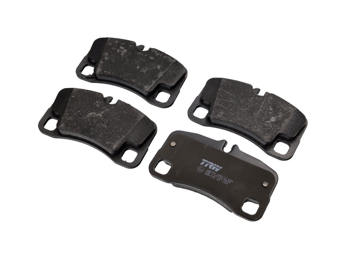TRW rear brake pads for Porsche 997 GT3 steel brakes, showing the brake pad set with metal backing plates and friction material.