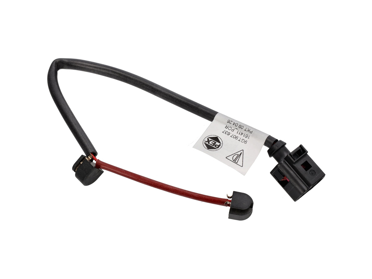 Genuine Porsche front brake pad wear sensor for Porsche 981, 718, 991 GT models, showing the sensor with wiring and connector.