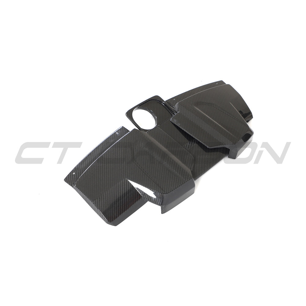 CT Carbon carbon fiber engine and air box cover for Audi R8 coupe 2015-2024, close-up view of sleek automotive accessories.