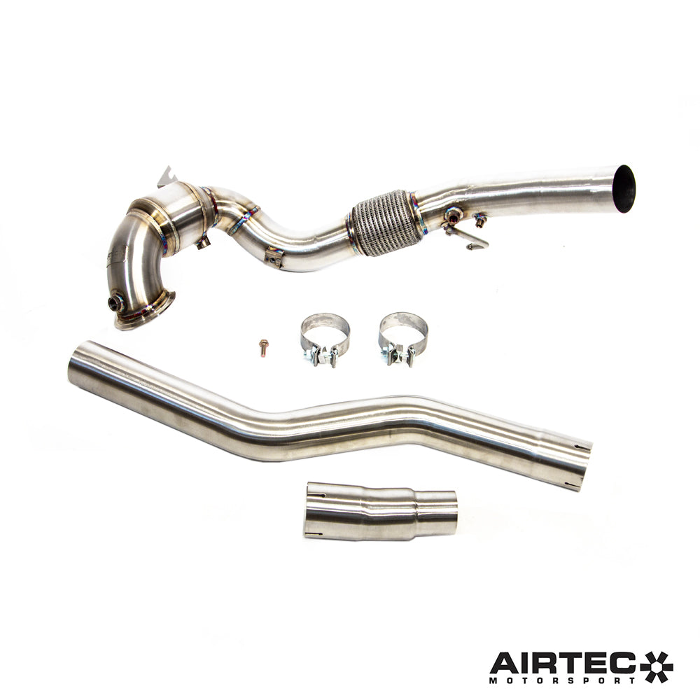 Airtec Motorsport 200 Cell Sports Cat Downpipe for MK8 Golf R, showing the stainless steel downpipe with catalytic converter.