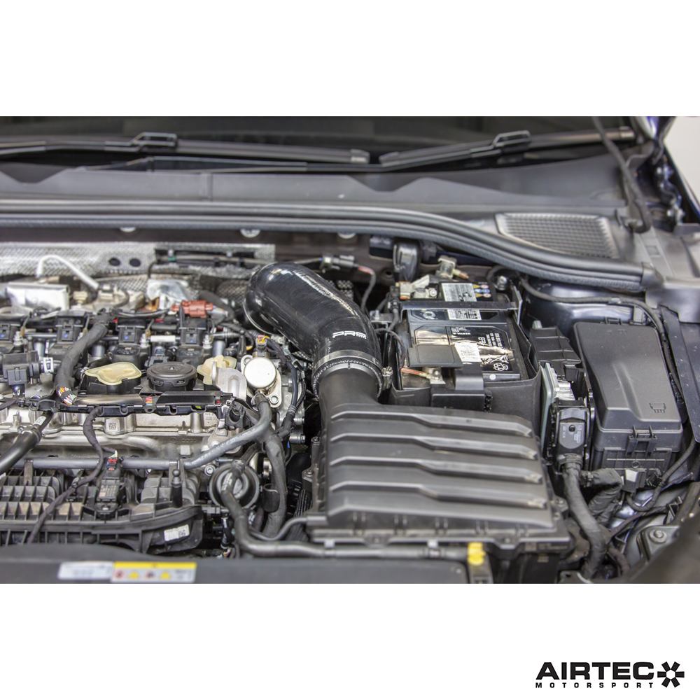 Airtec Motorsport turbo elbow hose for EA888 Gen 4 engine, designed for 300-320PS, shown installed on engine.