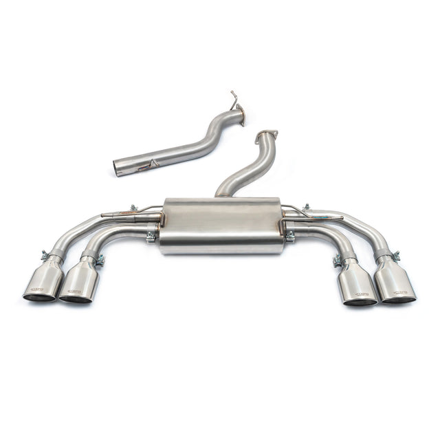 Cobra Sport Audi S3 8Y saloon GPF back performance exhaust with dual tips, showcasing a sleek black finish and polished exhaust tips.