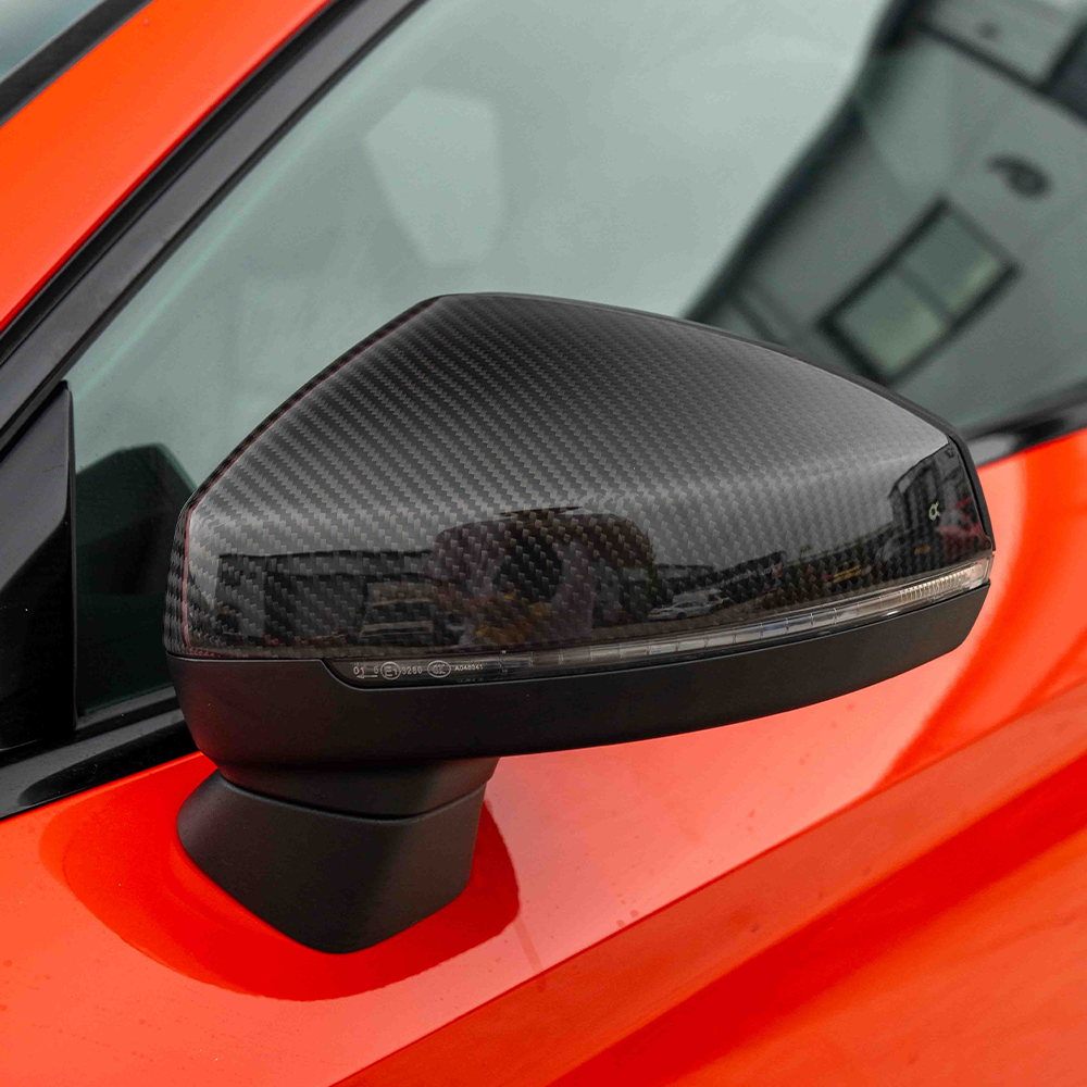Carbon fiber side mirrors for Audi A3, S3, RS3 8V with lane assist, made by CT Carbon, showcasing sleek pre-preg carbon finish.