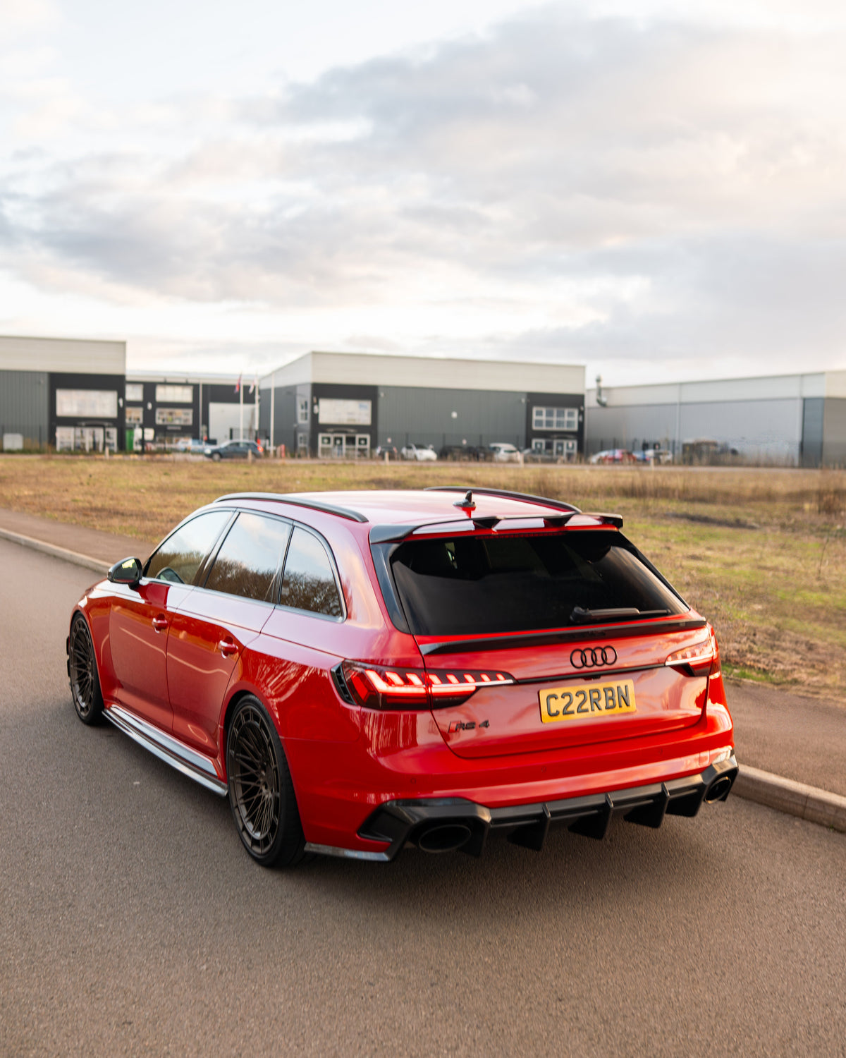 Audi RS4 B9 and B9.5 carbon fiber roof spoiler by CT Design, showing the sleek, aerodynamic design on a silver vehicle.