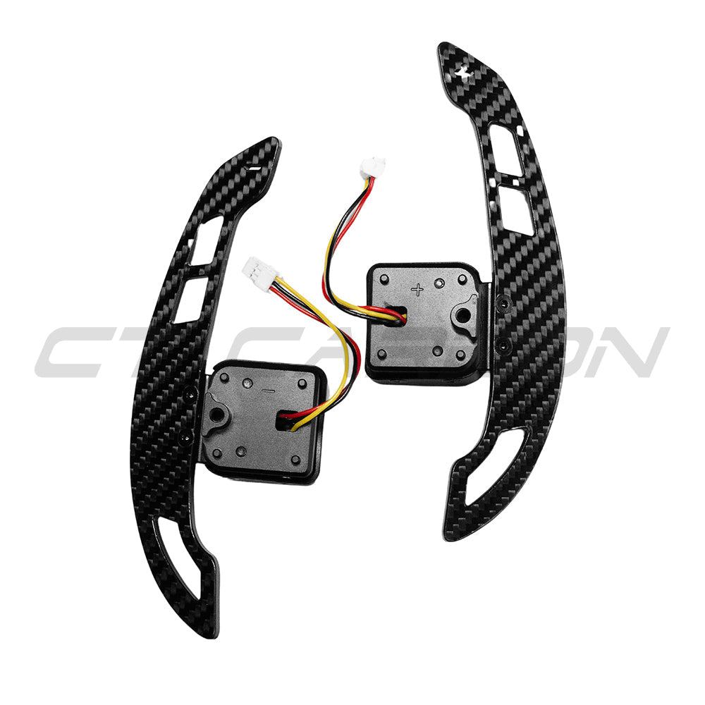 Audi A6/A7/A8 RS6 RS7 magnetic carbon fiber shifter paddles by CT Carbon, showing sleek black carbon fiber design for luxury interior upgrade.
