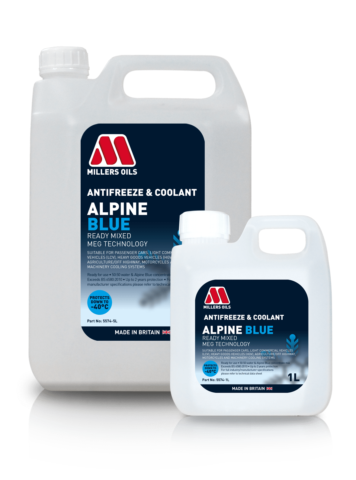 Millers Oils Alpine Blue Ready Mixed Antifreeze coolant in a container, designed for vehicle engine protection and cooling.