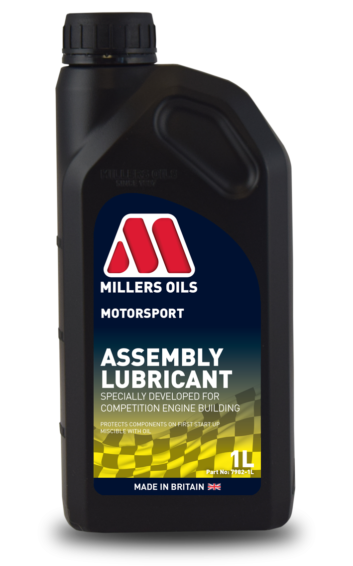 Millers Oils Assembly Lubricant 1 Litre engine oil container with label and cap, used for engine assembly and maintenance.