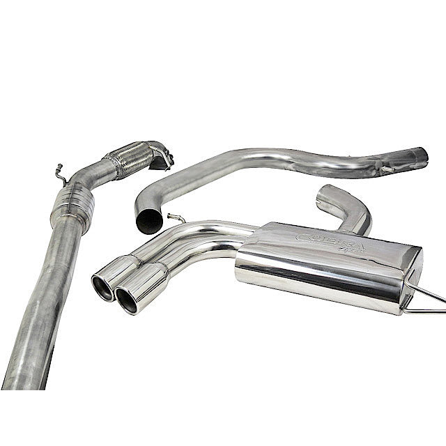 Cobra Sport Audi A3 8P 2.0 TFSI turbo back performance exhaust system with polished metal pipes and dual exhaust tips.