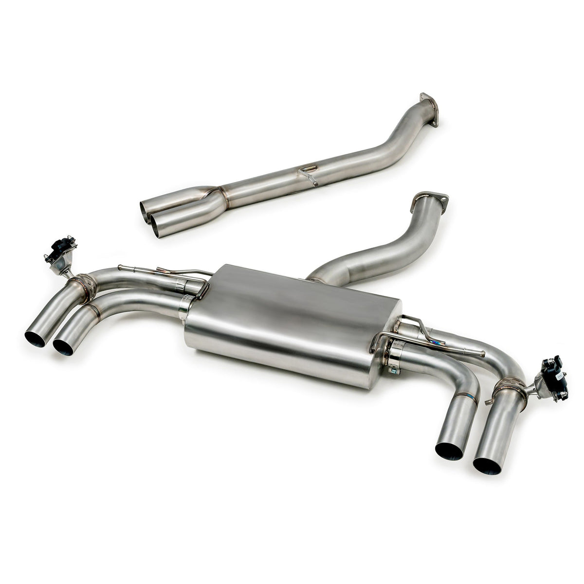 Audi RS3 8Y Sportback Cobra Sport GPF back performance exhaust with valve system, showcasing polished stainless steel design.