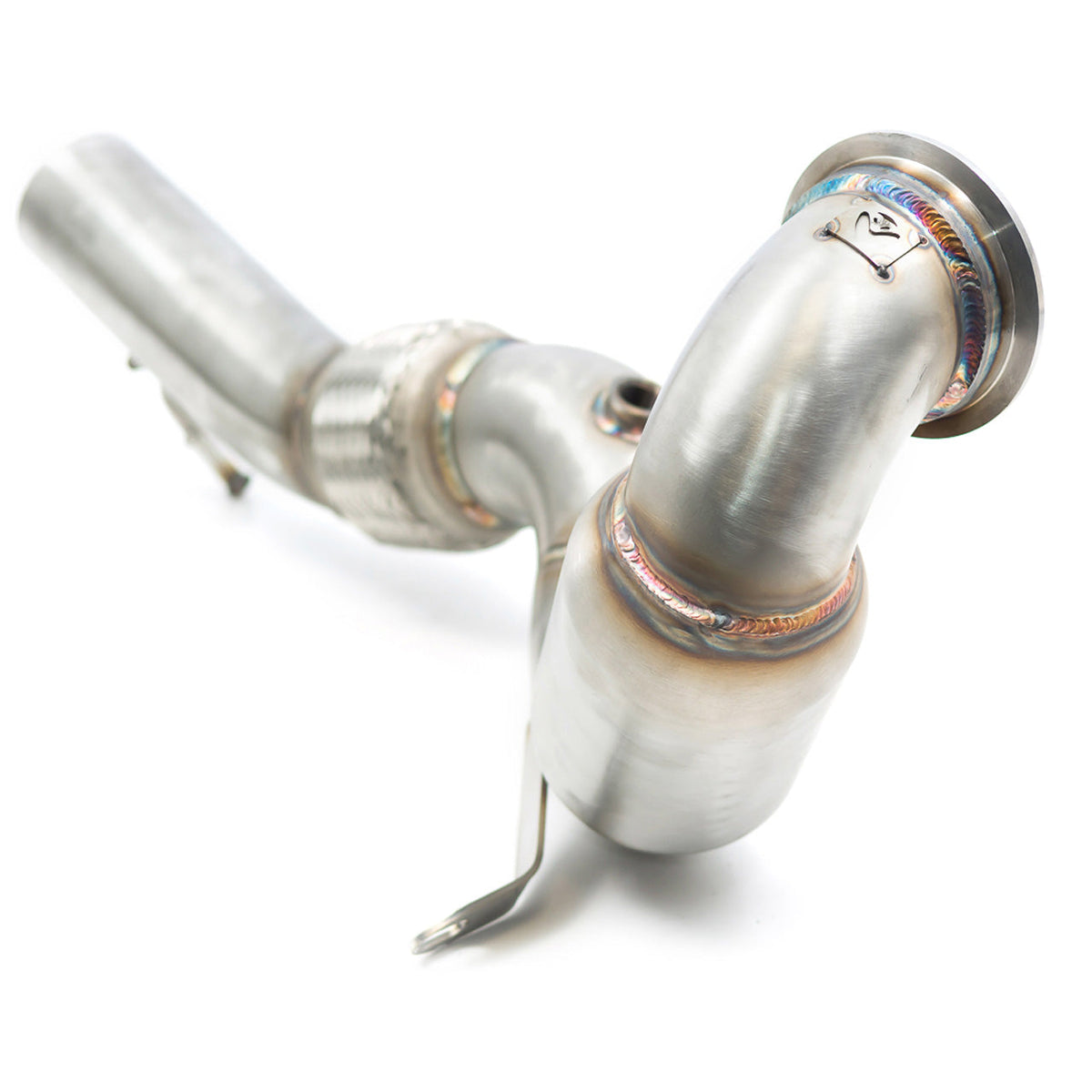 Cobra Sport front downpipe with sports cat for Audi S3 8V saloon, featuring valved design and high-performance exhaust components.
