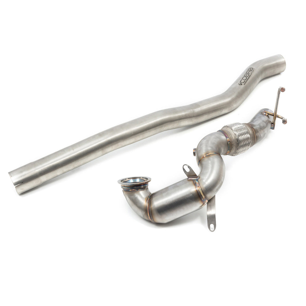 Cobra Sport front downpipe sports cat for Audi S3 8V Saloon (13-18), featuring a sleek metal design with valve components.