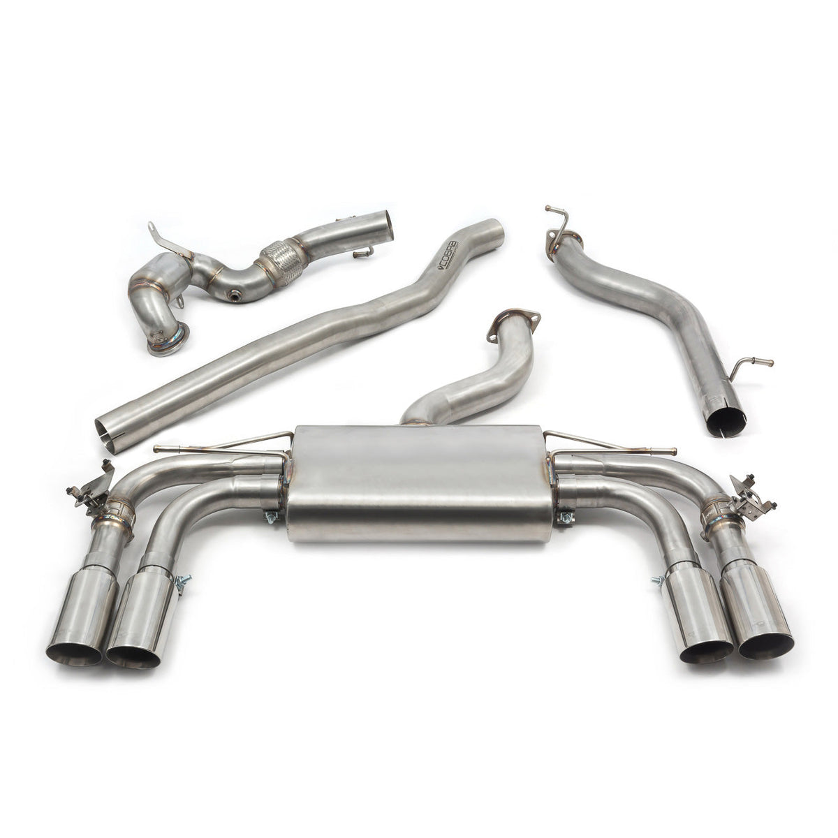 Cobra Sport turbo back performance exhaust system for Audi S3 8V saloon, valved, non-resonated, with polished exhaust tips.