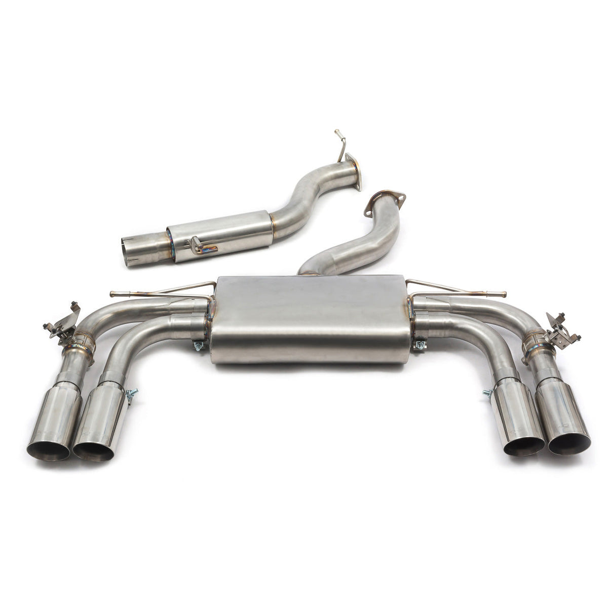 Cobra Sport cat back performance exhaust for Audi S3 8V saloon with valved system, visible stainless steel exhaust tips.