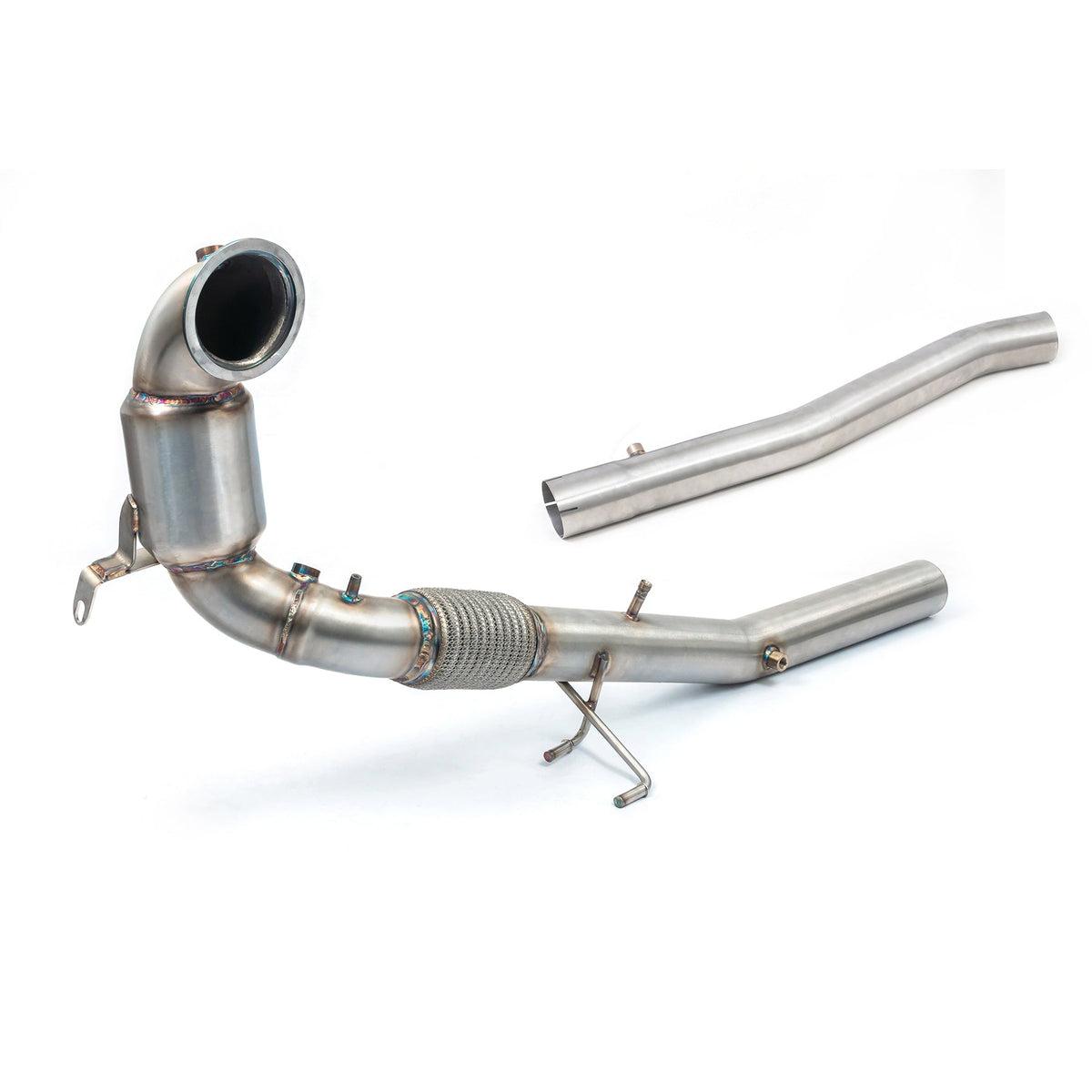 Cobra Sport Audi S3 8Y saloon front downpipe sports cat, showcasing the high-performance exhaust component with polished metal finish.