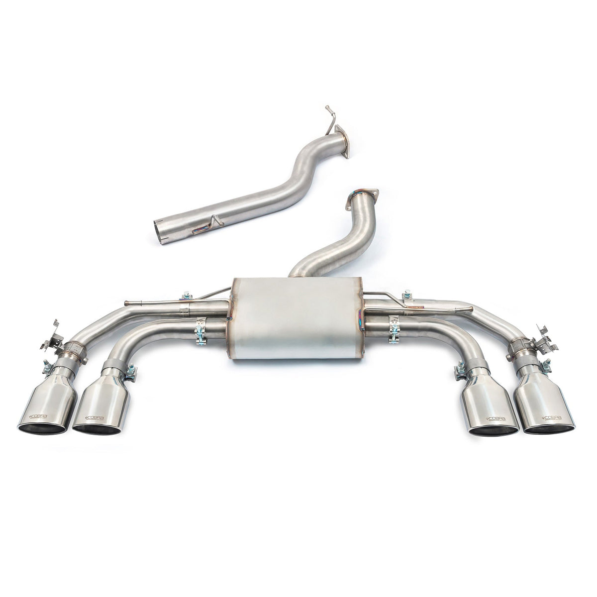 Audi S3 8Y Sportback with Cobra Sport GPF back performance exhaust, showing the valved design and polished tips.