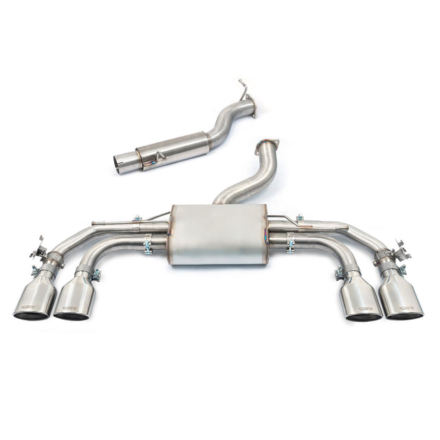 Cobra Sport Audi S3 8Y saloon GPF back performance exhaust with valves, showcasing polished stainless steel pipes and exhaust tips.