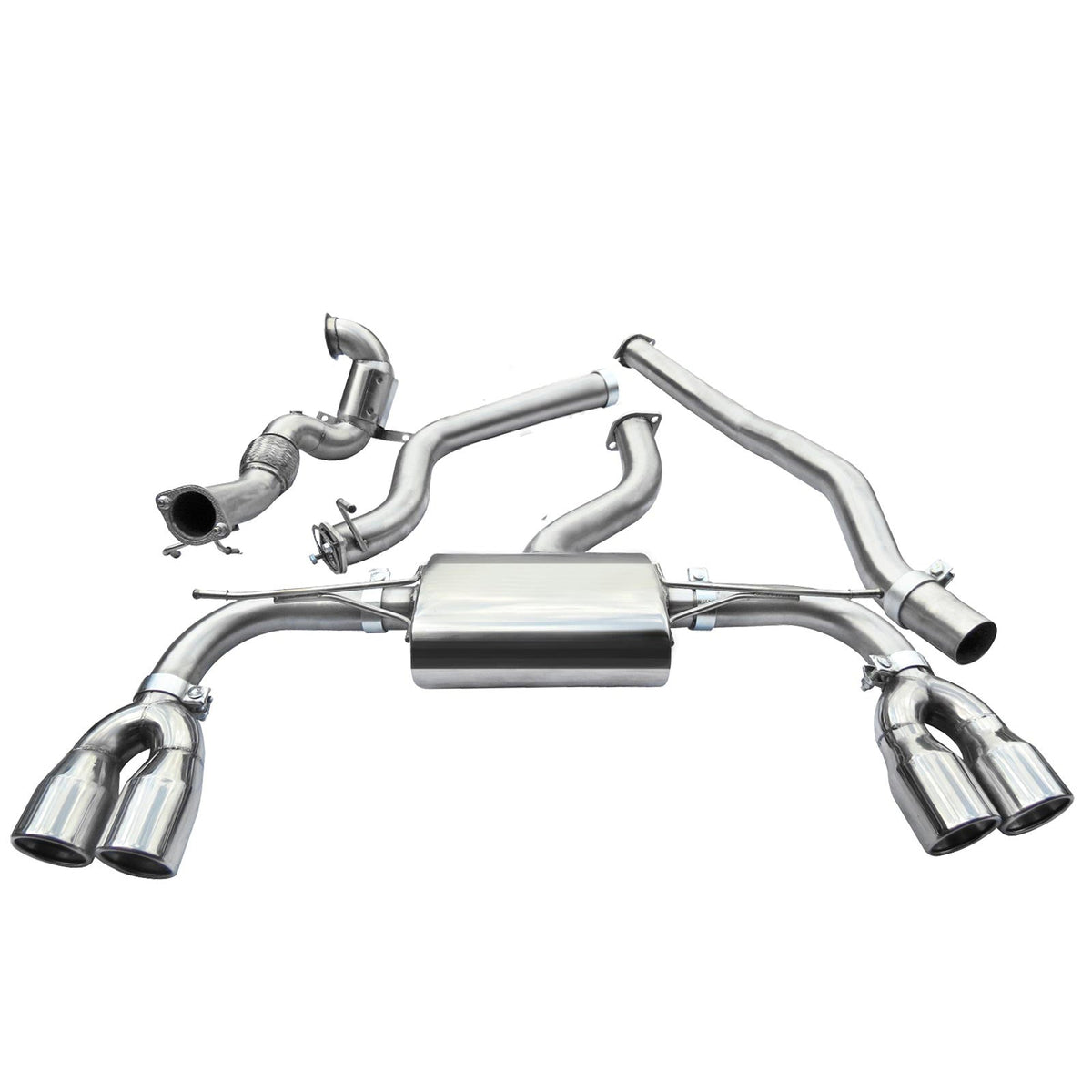 Audi S3 saloon turbo back exhaust by Cobra Sport, non-valved performance exhaust system, rear view showcasing polished tips and piping.