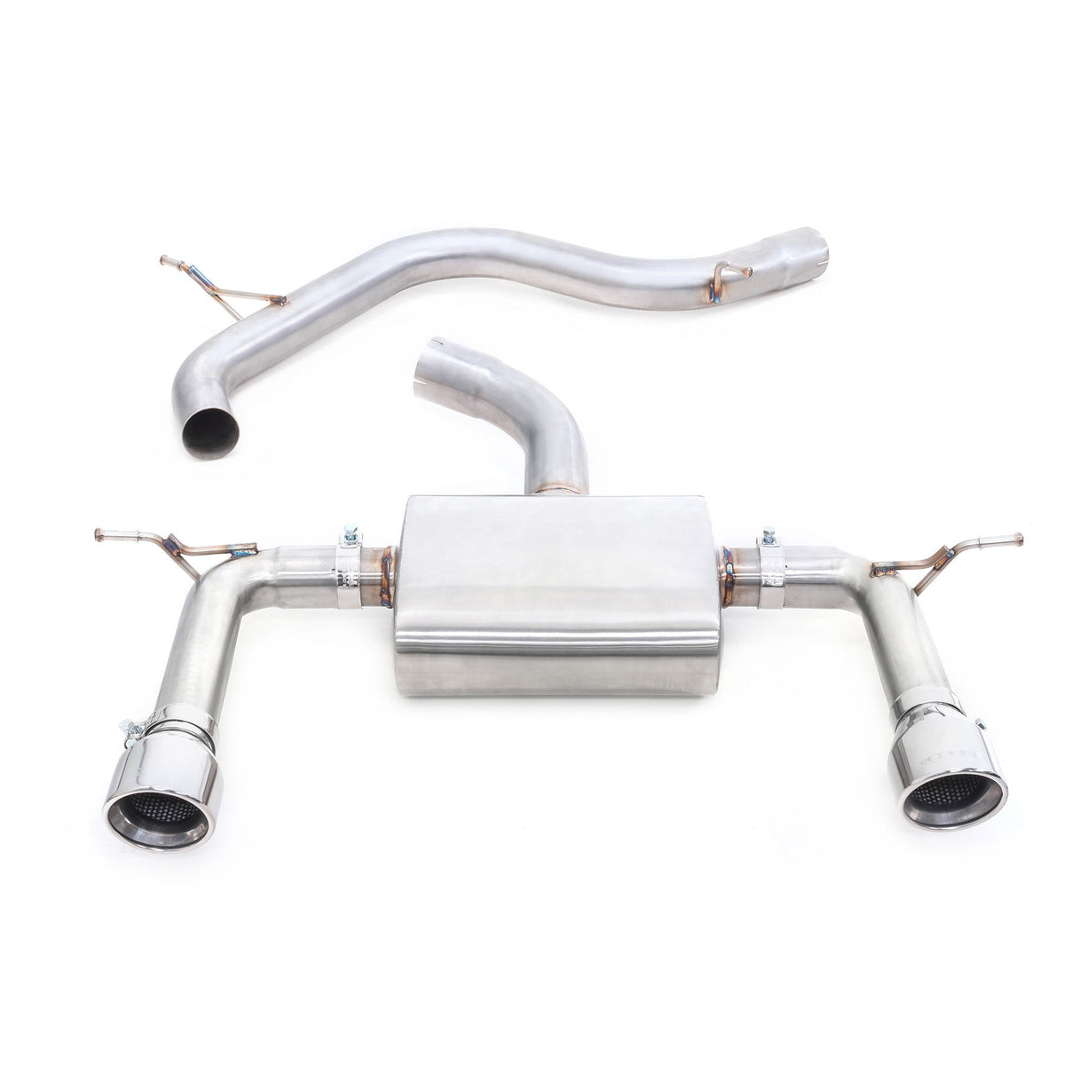 Cobra Sport cat back exhaust for Audi TT Mk3 2.0 TFSI FWD, showcasing the polished exhaust pipes and muffler design.